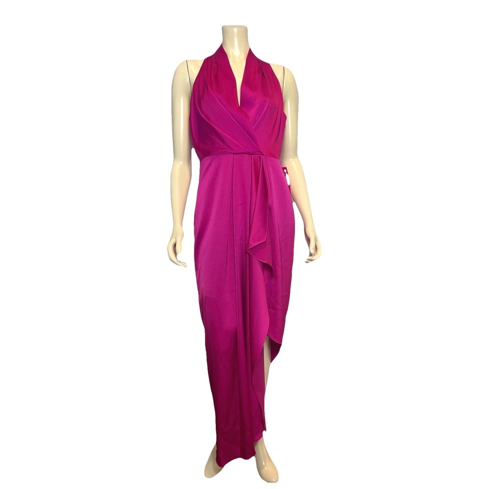 Alex Marie Fuchsia Pink Satin Halter High-Low Gown Dress Size 12 V-Neck Formal